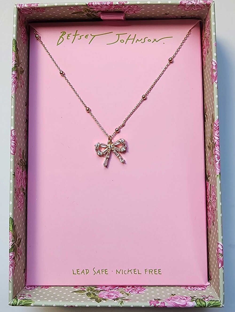 Rose Gold Bow🎀 Charm Necklace with Beaded Satellite Chain, Betsey Johnson, NEW!